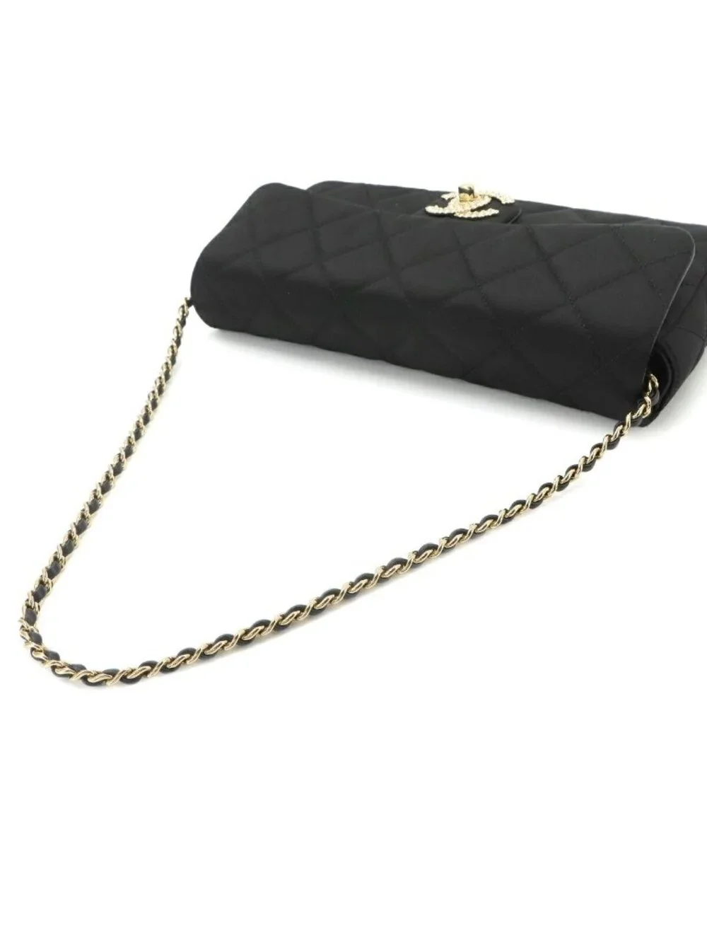 Chanel Quilted Shoulder Bag Satin Pearl Black Gold